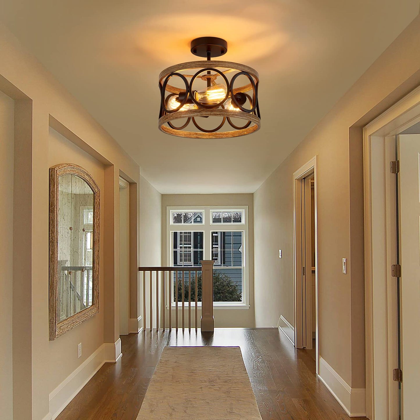 MEIXISUE Semi Flush Mount Modern Farmhouse Ceiling Light Fixtures,3-Lights Black and Retro Wood Finish,Drum Shade Rustic Light Fixtures for Entryway Hallway Foyer Kitchen Dining Room Bedroom