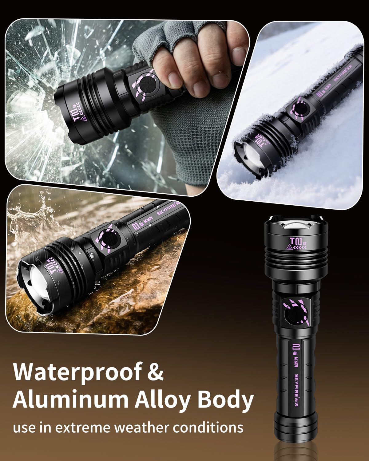 SKYFIRE Super Bright Tactical Flashlight Rechargeable 3000 High Lumens LED Flashlights with Ignition Lens 5 Modes Zoomable Waterproof Powerful Flash Light Camping Emergency Gift Father's Day