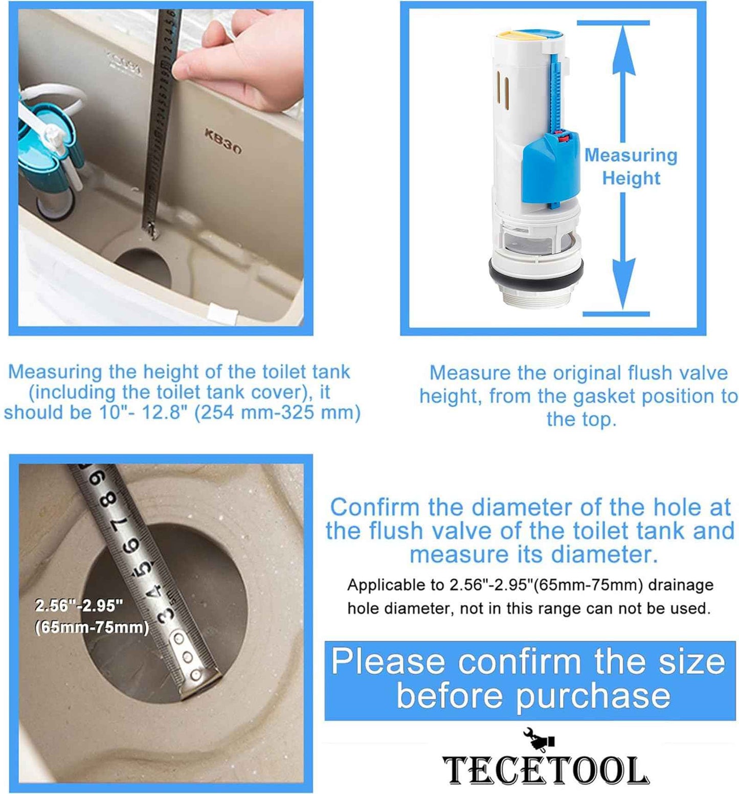 2 Inch Toilet Flush Valves, Toilet Repair Kit Dual Flush Valve Replacement Kit Fit for Two Piece Toilet Top Push Button Valve Short (8" Height)