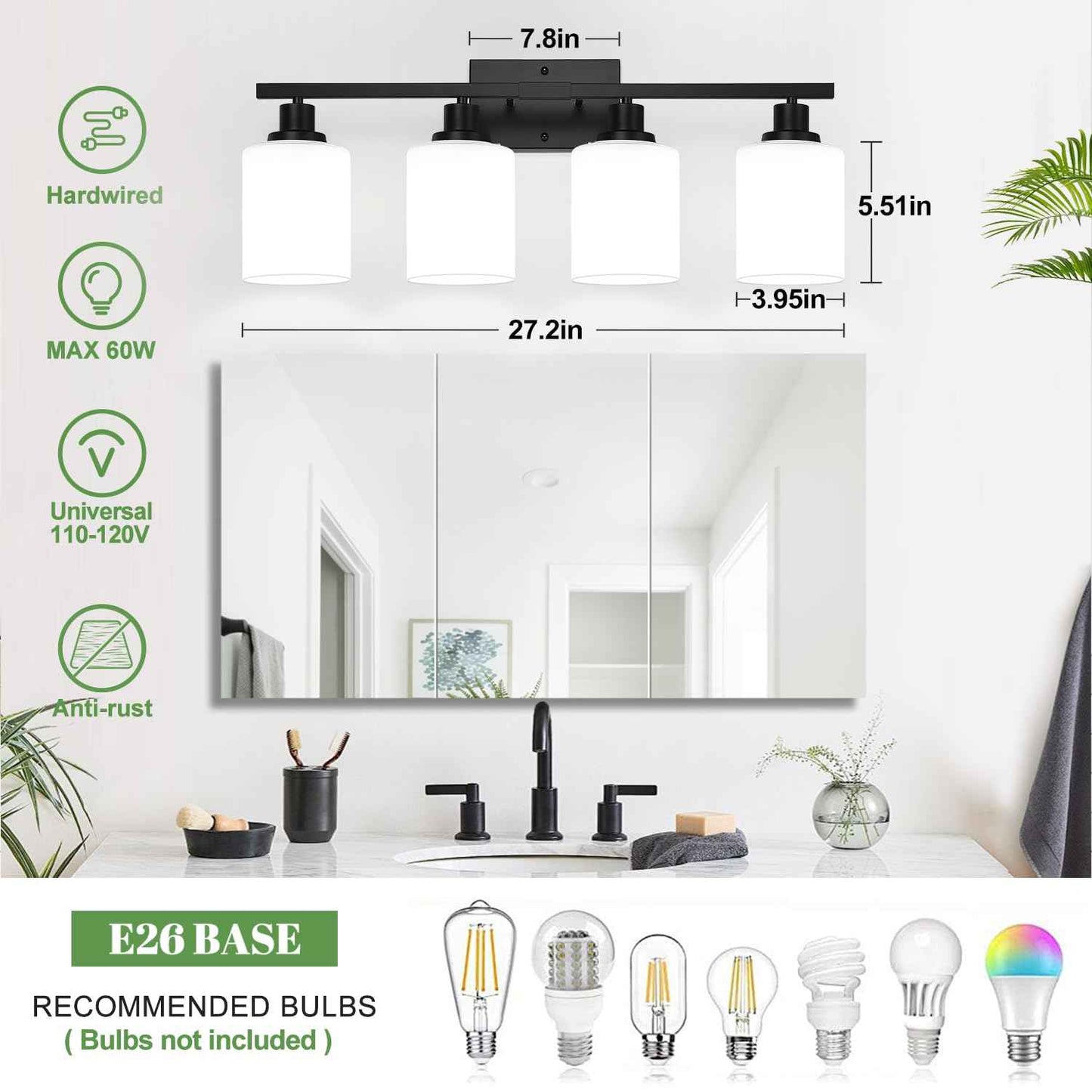 MOKATNG 4-Light Bathroom Light Fixtures, Vanity Light with Milky White Shades, Matte Black Bathroom Light Fixtures Over Mirror, Modern Bathroom Wall Lamp for Mirror Living Room Cabinet Bedroom