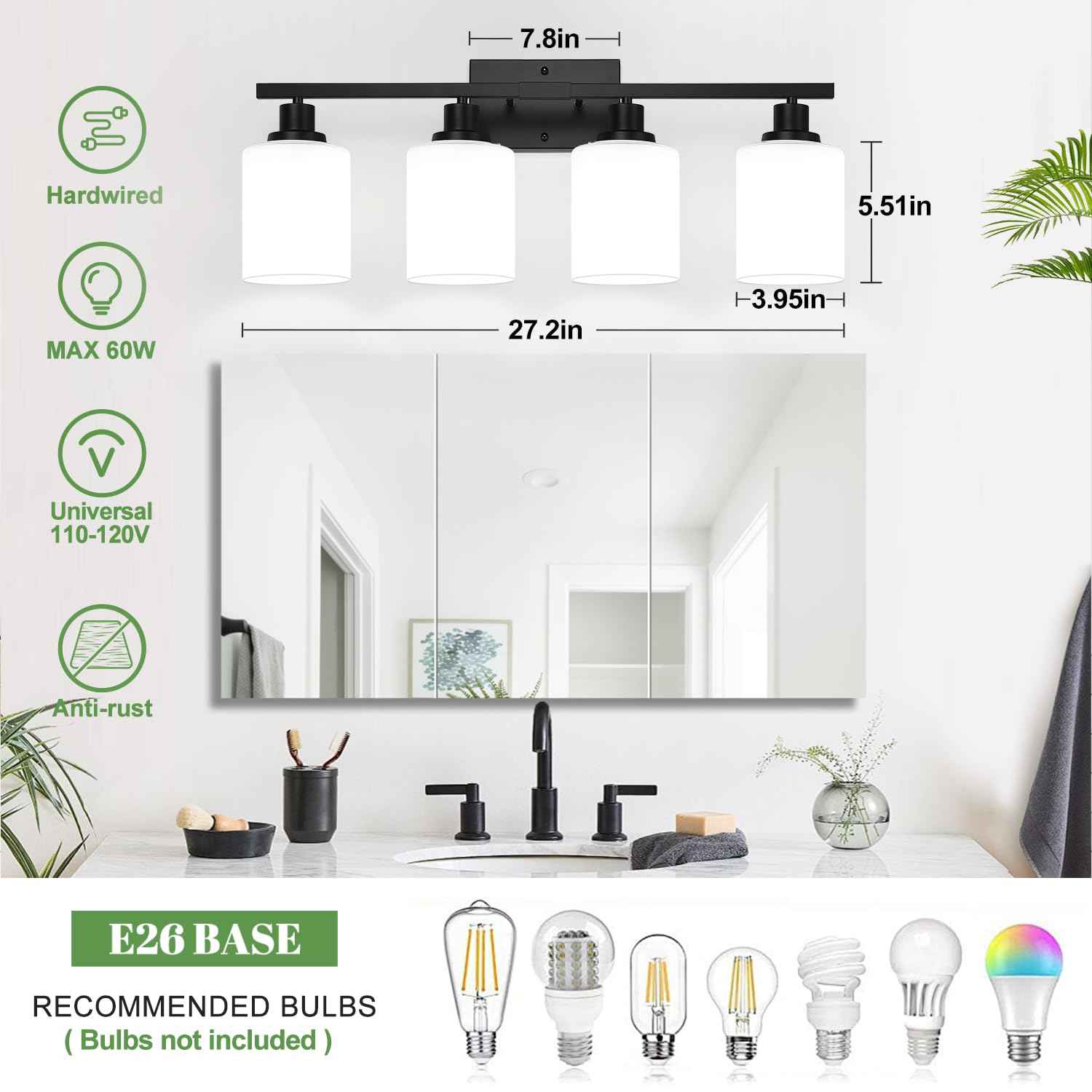 MOKATNG 4-Light Bathroom Light Fixtures, Vanity Light with Milky White Shades, Matte Black Bathroom Light Fixtures Over Mirror, Modern Bathroom Wall Lamp for Mirror Living Room Cabinet Bedroom