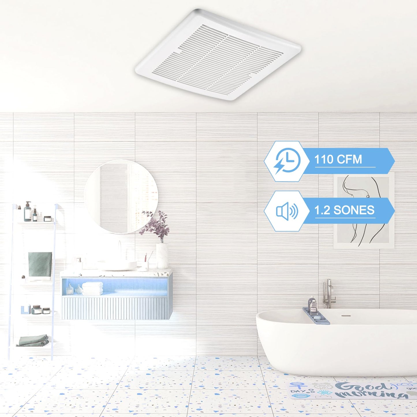 VENTECHLATION Bathroom Exhaust Fan 110CFM 1.2Sone, Quiet Bath Fan with Humidity sensor, Energy-Saving Household Ventilation Fan, No Attic access Needed Installation for Ceiling Mounted, White