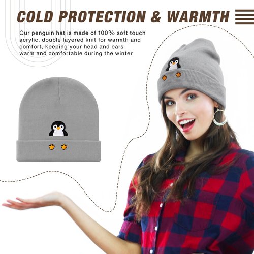 Chicingyou Christmas Penguin Beanie Hat Gifts for Penguin Lovers Winter Knit Hat Embroidered Cute Cuffed Caps for Women Men (Gray)