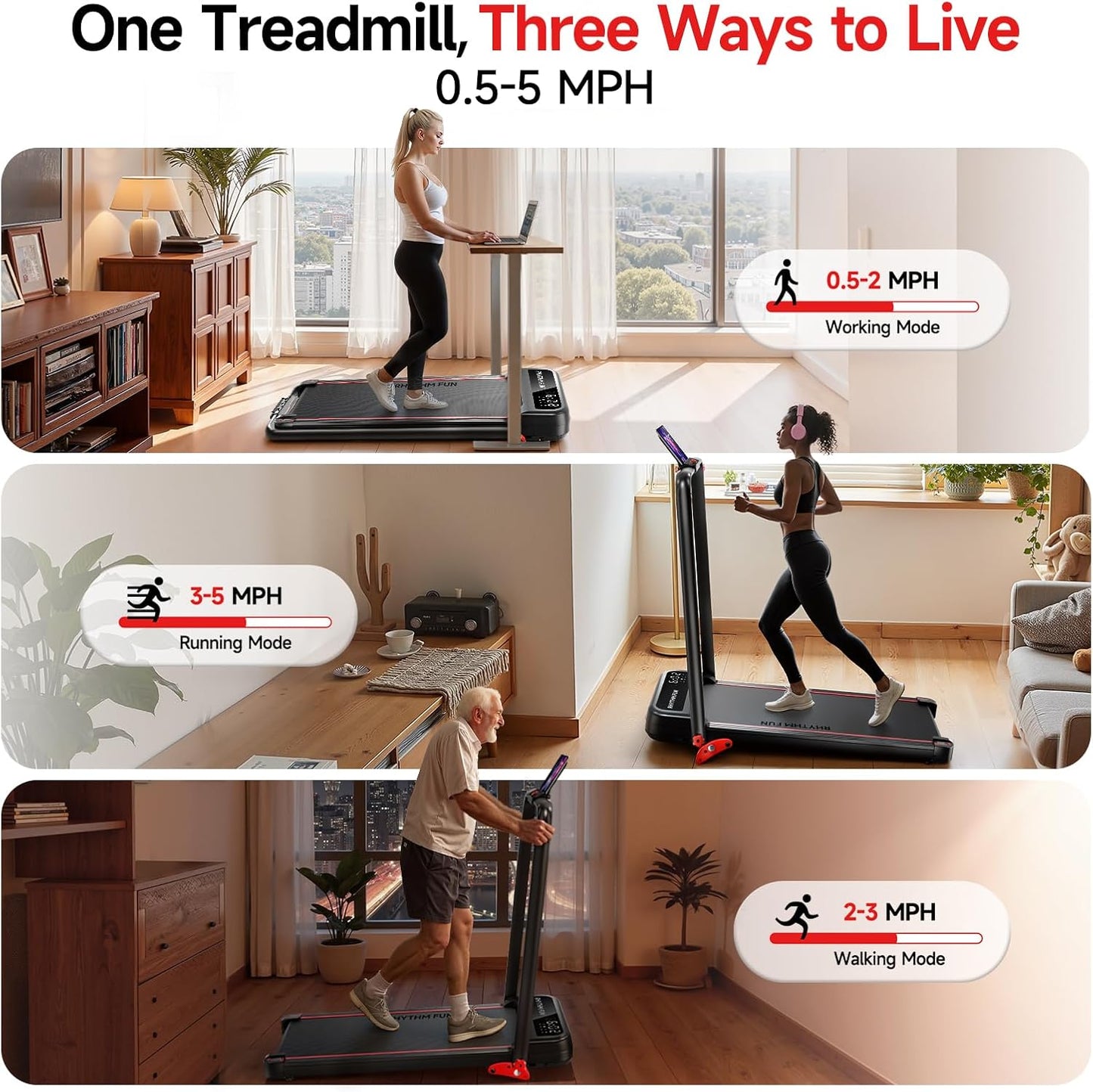 RHYTHM FUN Treadmill - Portable Folding Walking Pad with Incline & Handle Bar | Supports 300lbs, Low Noise