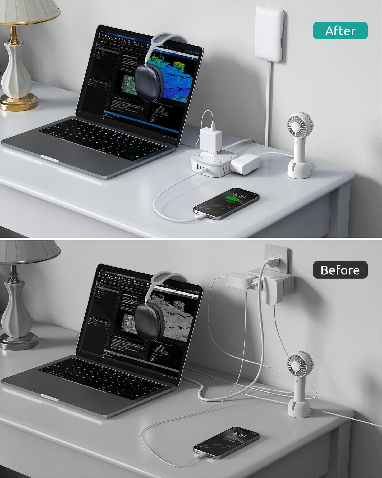 Outlet Cover Extension Cord Flat 6ft, NUTICT Flat Plug Power Strip with 8 Outlets & 3 USB-C & 1 USB-A Port, 13A/1625W, 1440J Surge Protector, Indoor 3 Prong Flat Wall Plug for Tight Spaces, White