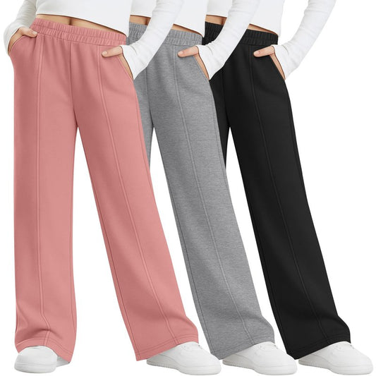 LessonZoo 3 Pack Girls Sweatpants Teen Front Seam Straight Leg Pants Kids Open Bottom Wide Leg Loose Joggers with Pockets(Black, Gray, Pink,11-12 Years)