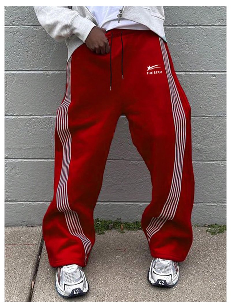 SHENHE Men's Y2k Graphic Baggy Sweatpants Wide Leg Striped Open Bottom Drawstring Sweatpants Red Small