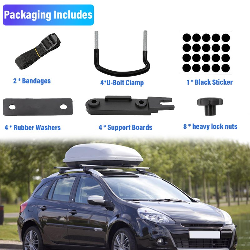 Bledtax 4 PCS Roof Box U-Bolt Clamps Universal Stainless Steel Inner Width 85mm/3.35in Rooftop Cargo Carrier Rack Bolts with 8 Lock Nuts, 2 Strap Car Van Mounting Fitting Kit