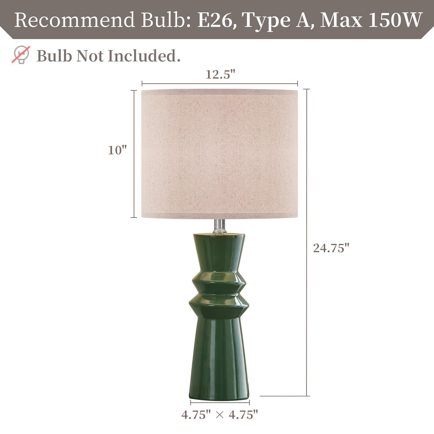 HGNPJC 24.75" Green Ceramic Table Lamp Set of 2-3-Way Dimmable Nightstand Lamps with Pallid Shade for Bedroom Farmhouse Bedside Nightstand Bedside Lamp End Table Lamps (Dark Green)