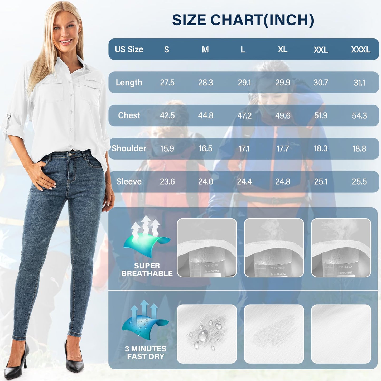 Womens Safari Shirts Long Sleeve Outdoor Sun Protection Quick Dry Fishing Hiking Shirts (5026 White S)