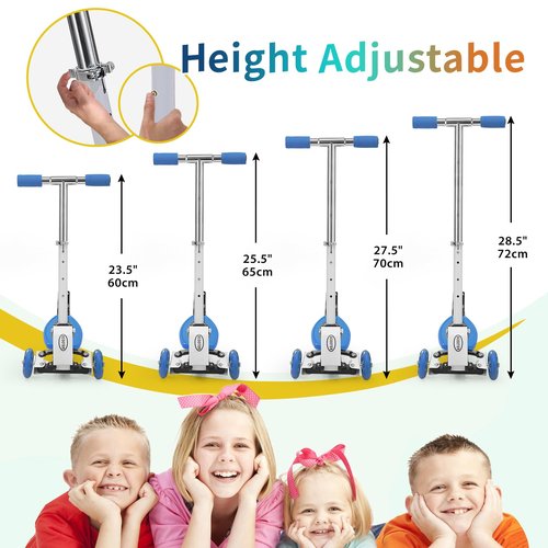 Toddler Scooter, Foldable Three Wheel Lean-to-Steer Scooter for Kids Ages 3-5, Heavy Duty Toddler Scooters, 4 Height Adjustable, 3 Wheeled Scooters for Ages 3 +, Anti Slip, with Box, Blue
