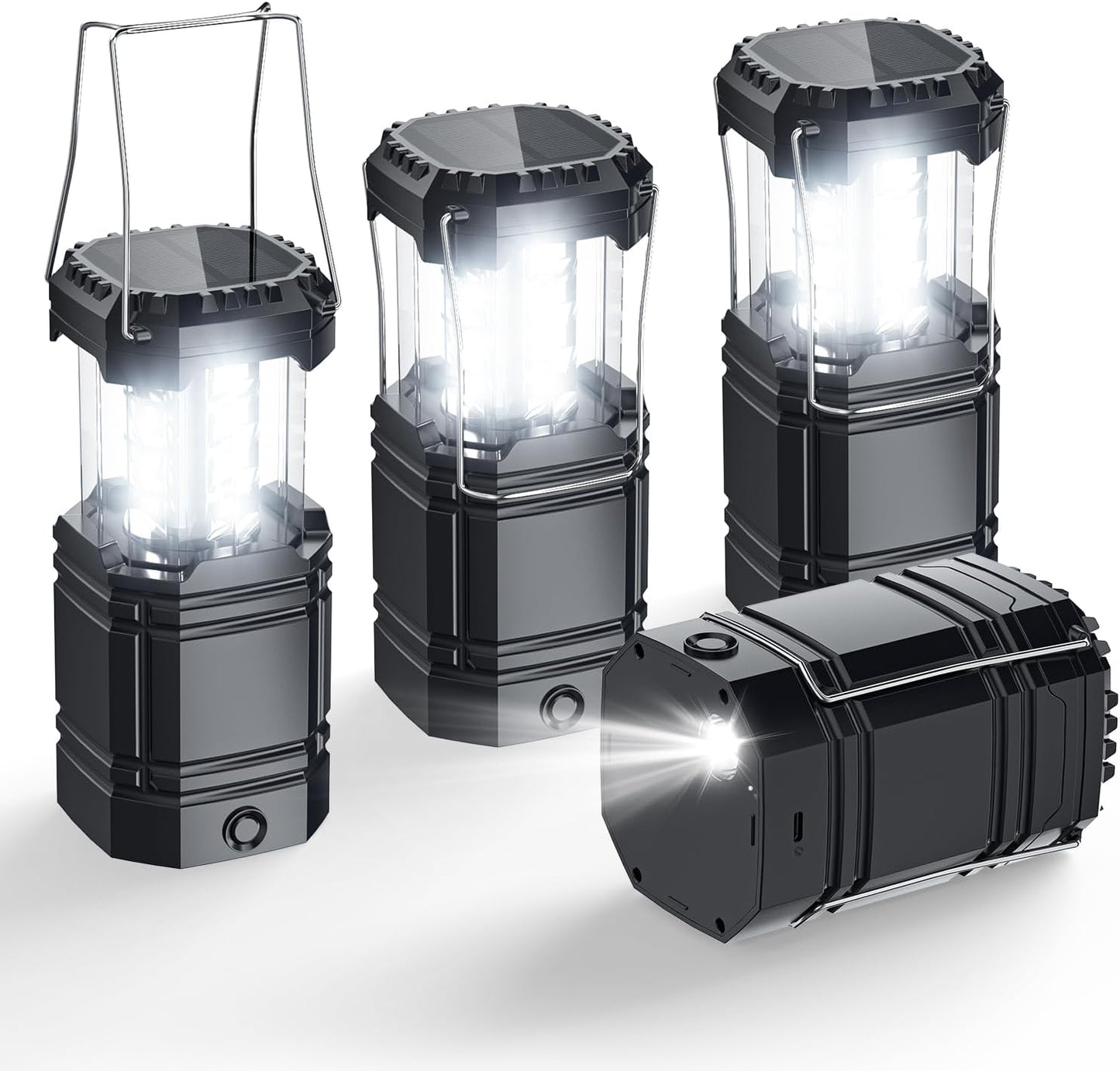 Solar Camping Lantern 4 Pack - Rechargeable LED Lanterns with USB-C & Solar Power | Collapsible Emergency Lights