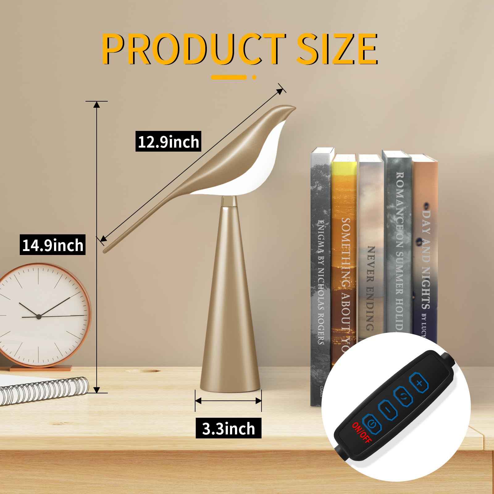 Xhope4u Small Desk Lamp, Bird Lamp, 10 Level Dimmable Brightness Bedside Night Light, Bedroom Table Lamp for Dorm, Office, Gifts, Reading, 3 Colors, Metal Finish, Gold, 360° Rotation