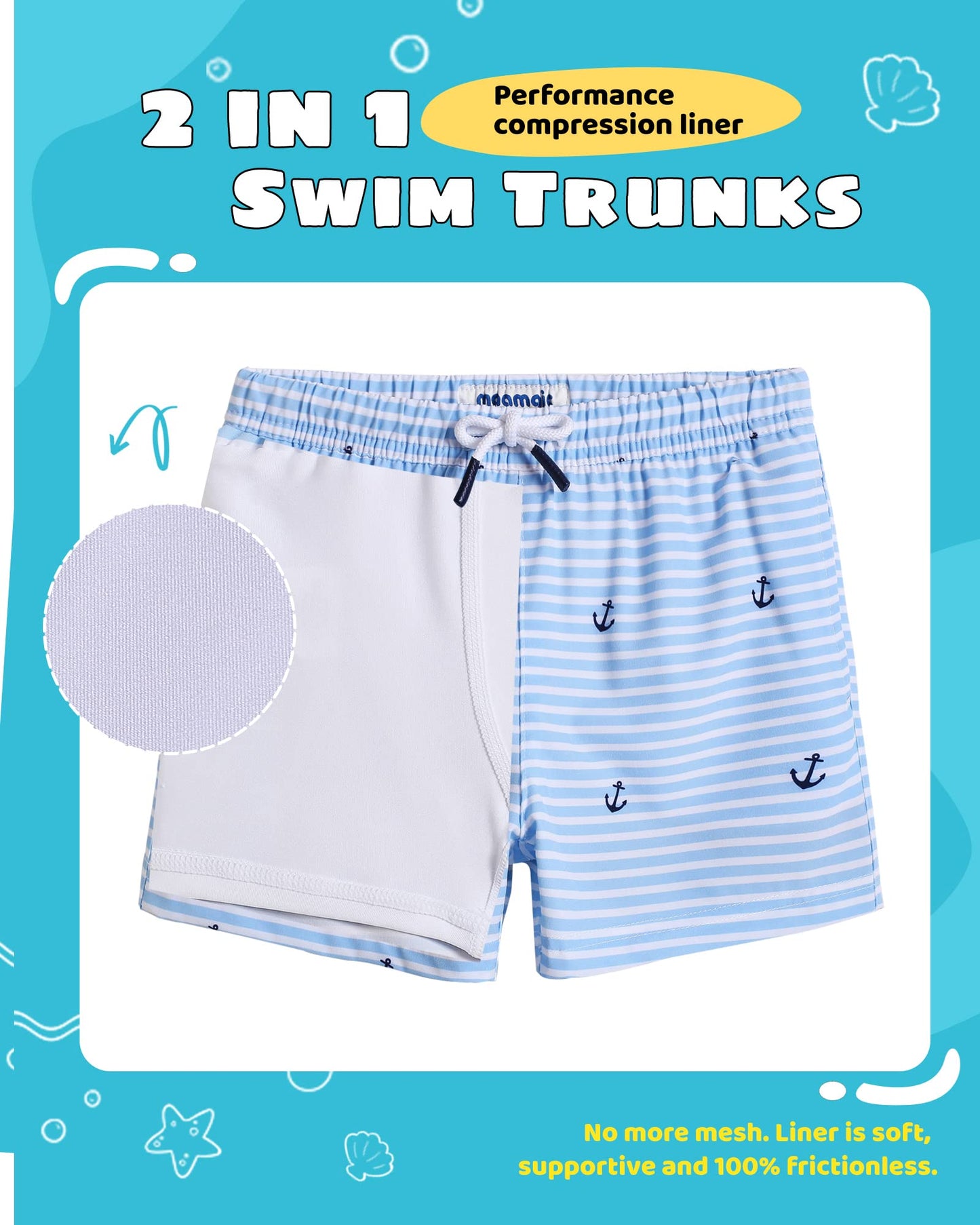 maamgic Boys Swim Trunks with Compression Liner Toddler Stretch Swim Shorts Quick Dry Swimming Trunks Boxer Brief 2 in 1 Beach Shorts White Blue Striped 10/12