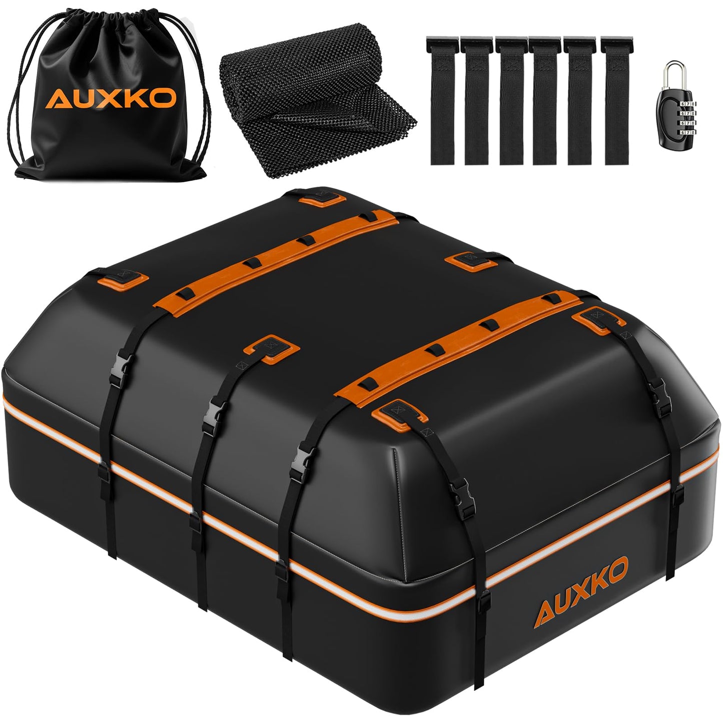AUXKO 15 Cu.Ft Waterproof Rooftop Cargo Carrier for Cars/SUVs/Trucks, Foldable Soft Shell Roof Bag with Night-Reflective Strip, 6 Adjustable Bungee Straps & Door Hooks, Combination Lock, Anti-Slip Mat