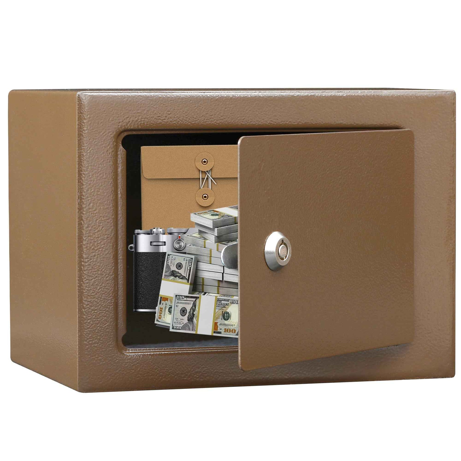 ELLAIG 0.24Cuft Small Safe Box Money Cash Safe Keys Gun Safe Mini Security Lock Safe Boxes for Coin Home Office Hotel Rooms Business Jewelry Gun 9.05 x 6.7 x 6.7 inches(Brown)