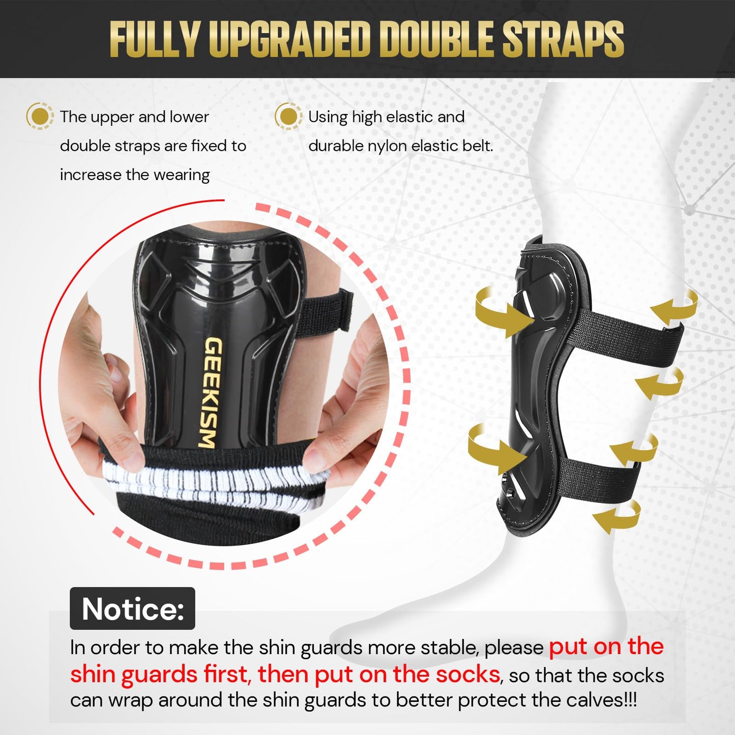Soccer Shin Guards for Youth Kids Toddler, Upgraded Double Straps & Thicker, More Stable Protected Soccer Equipment - Football Gear for 3-5-7 4-6-8-10-12-14 Years Old Child Teens Boys Girls (Black, L)