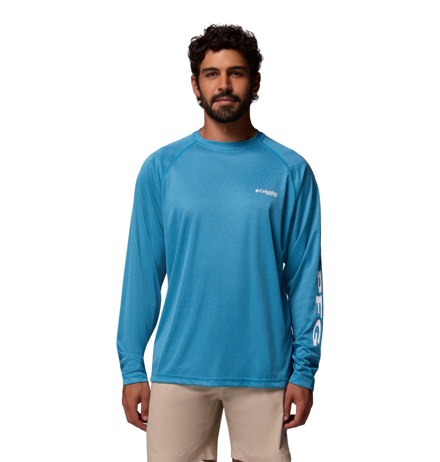 Columbia Men's PFG Terminal Tackle Long Sleeve Fishing Shirt, Blue Echo Heather/White Logo, 5X