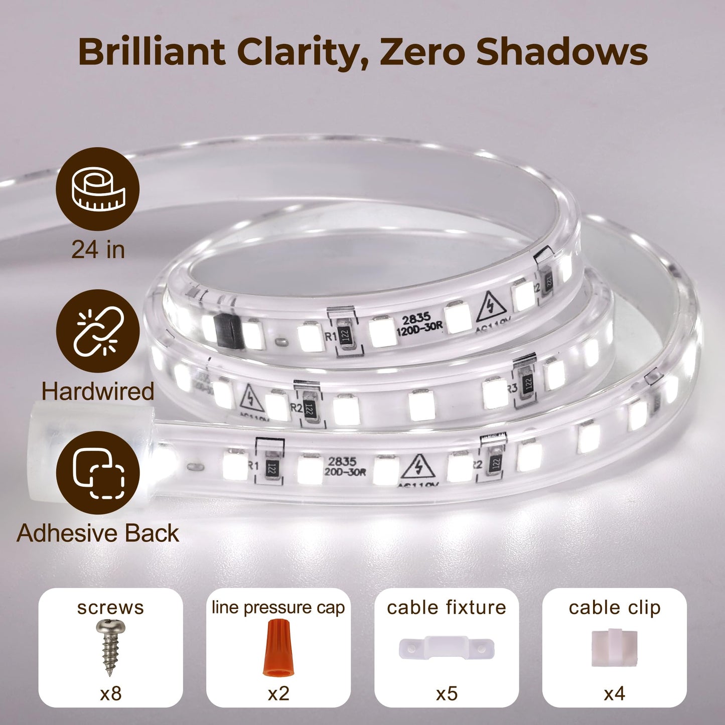 Hardwired Under Cabinet Lighting for Kitchen,24inch 6000K White Wired Undercounter Waterproof Led Strip Lights, Luces para Cocina Bajo Gabinete Under Shelf Lights