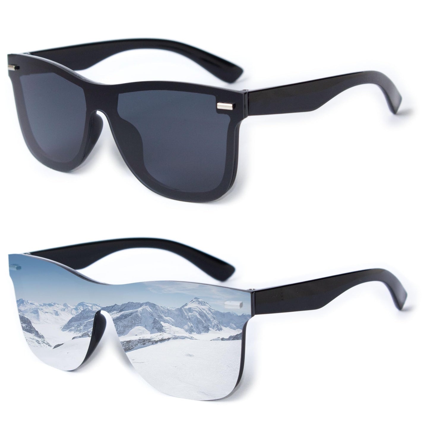 LOOVILEN 2 Pack One-Piece Mirror Lens Sunglasses - UV400 Protection Frameless Shades for Men & Women - Lightweight (62mm Wide) for Driving, Travel & Fashion Black Grey Silver