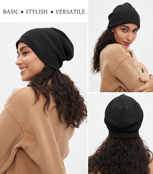 Cotton Beanie Hat for Women Men, Double Warm Knit Winter Hats, Fisherman Slouchy Ski Cuffed Beanies Skull Cap Black