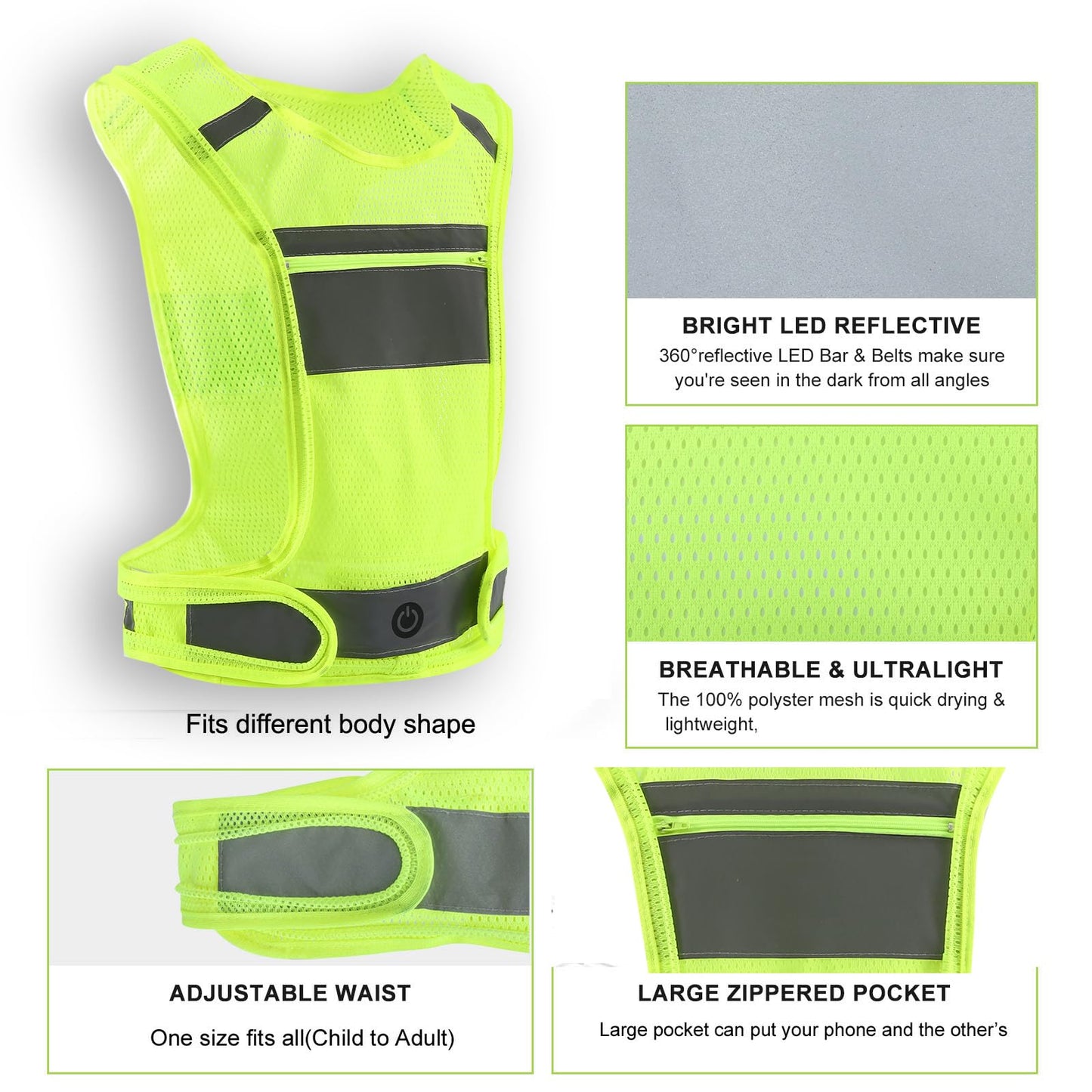 Shaiensaftey LED Safety Reflective Vest, USB Rechargeable Running Reflector Gear with Storage Pocket, Adjustable Vest