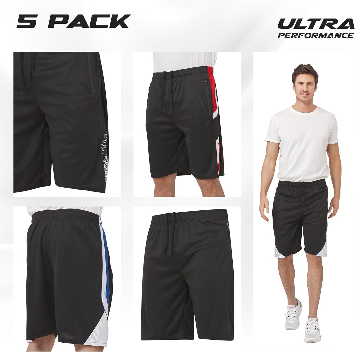Ultra Performance Men's Athletic Running Shorts - 5 Pack Loose Fit Gym Shorts with Zippered Pockets