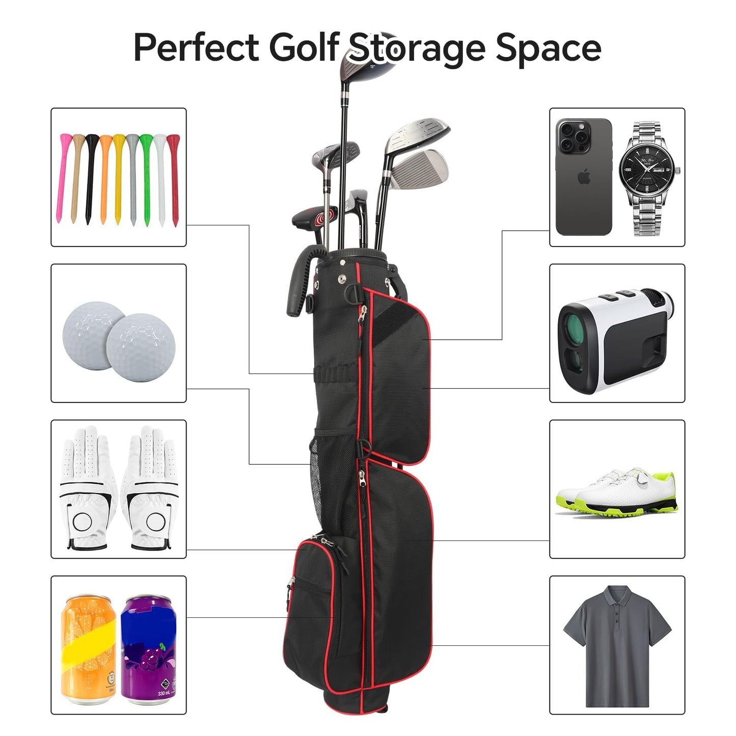 Golf Stand Bag 2 Way Divider，Par 3 Golf Bag with 6 Pockets Holds Up to 7 Clubs Dual Strap Small Golf Bag for Men & Women