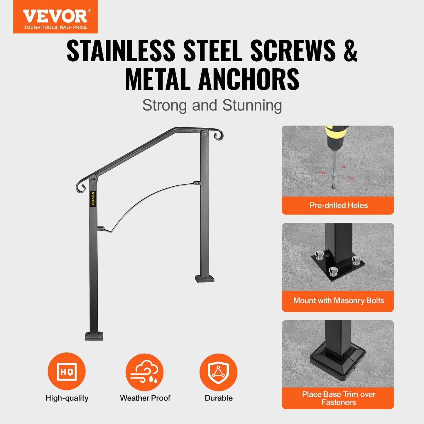 VEVOR Handrail for Outdoor Steps, 2-3 Steps Arch#2 Outdoor Handrail, Adjustable Wrought Iron Staircase Handrail, Thickened Stair Railings for Porch Railing, Deck Handrail