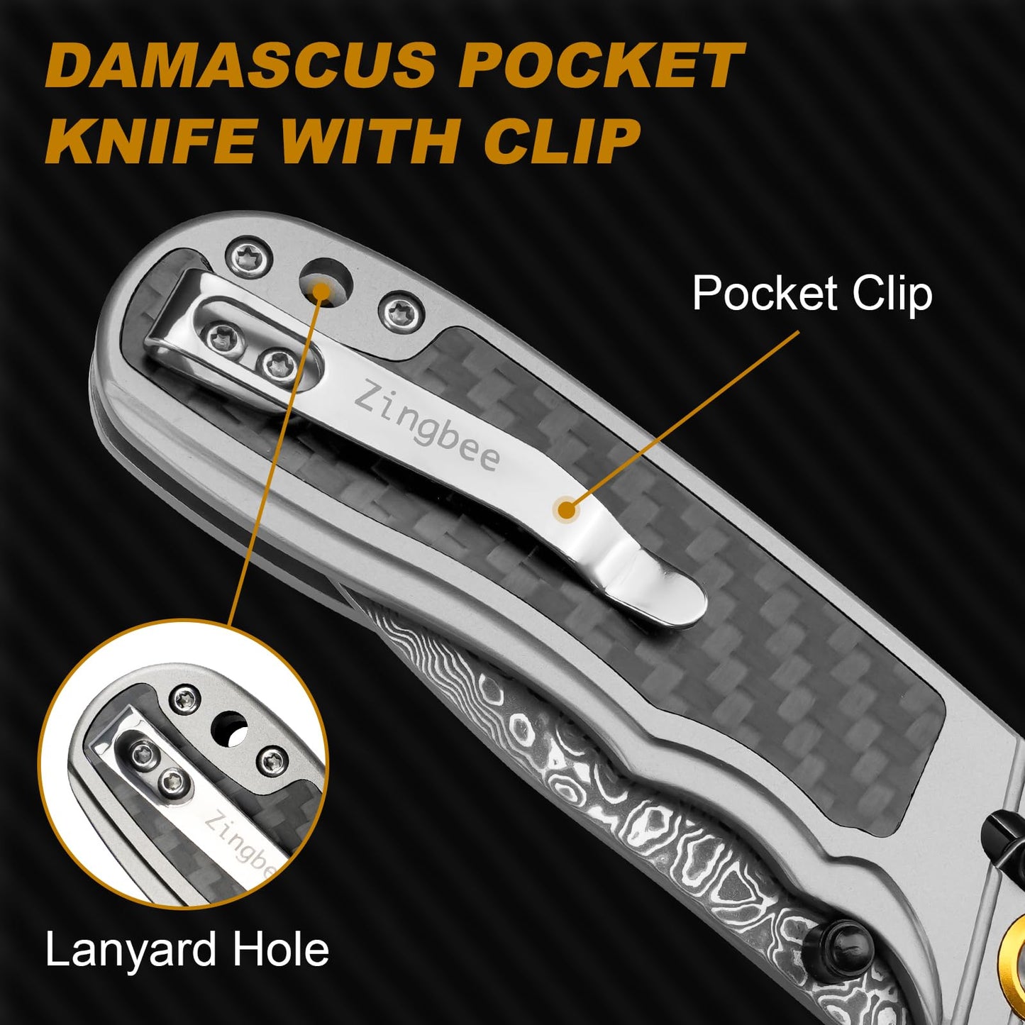 Zingbee Damascus Pocket Knife for Men Women, 3.15" Damascus Steel Blade Pocket Knives & Folding Knives with Carbon Fiber Overlay Handle