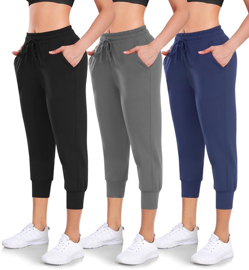 Hi Clasmix 3 Pack Capri Sweatpants Women,Womens Joggers with Pockets Athletic Leggings for Workout Yoga Running Black/Grey/Navy