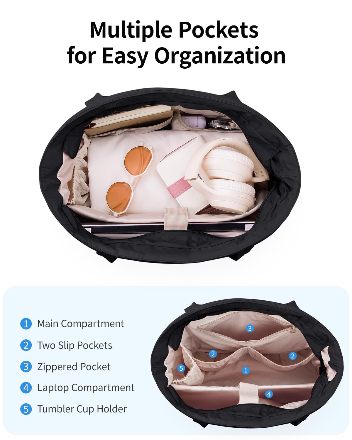 Narwey Work Tote Bags for Women with Cup Holder & Laptop Compartments, Lightweight Quilted Puffer Tote Bags for Travel Gym Nurse Teacher (Black)