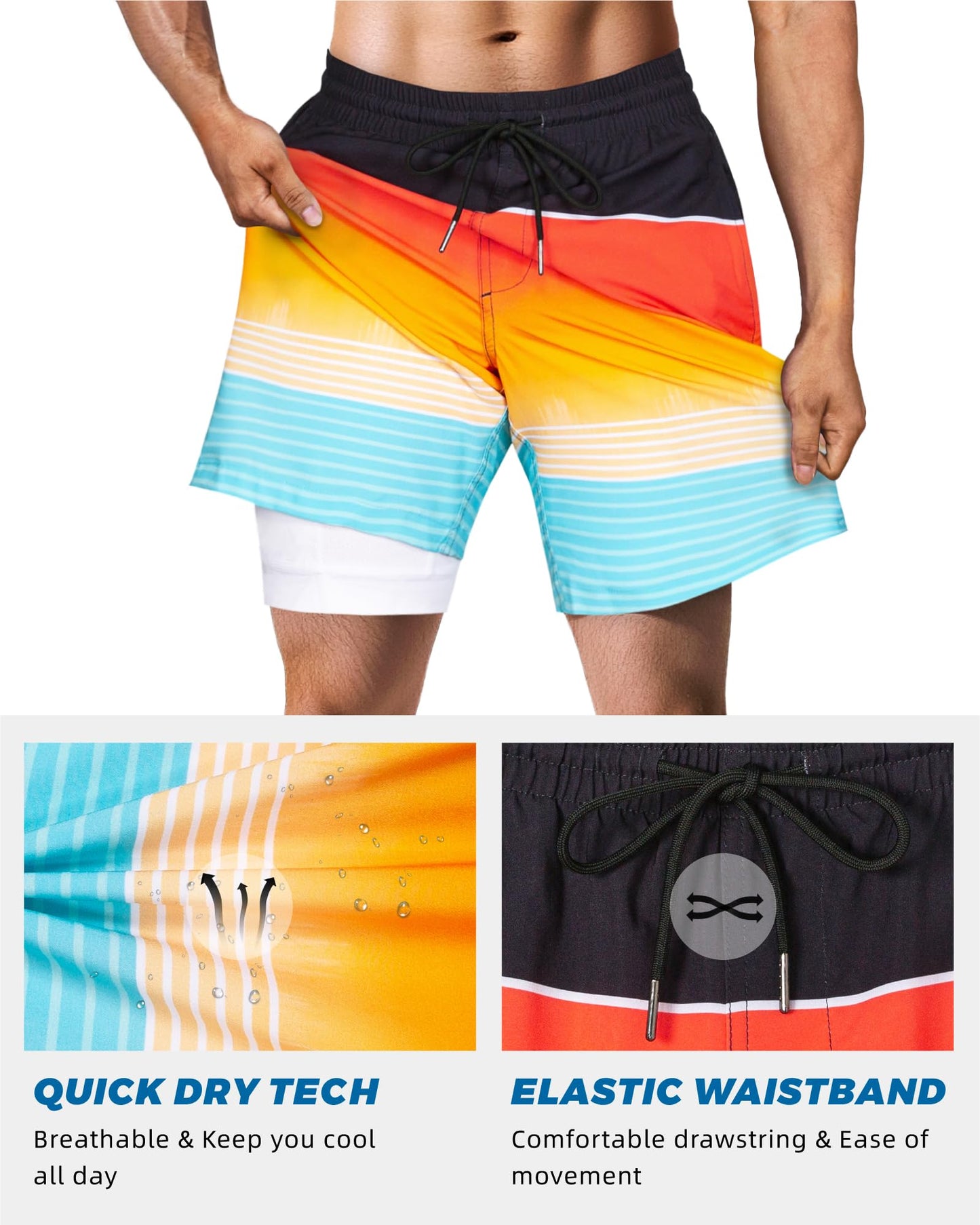 SURF CUZ Mens Swim Trunks with Compression Liner Quick Dry Swim Shorts 7" Swimming Trunks Stretch Zipper Pockets,Sea Level,S