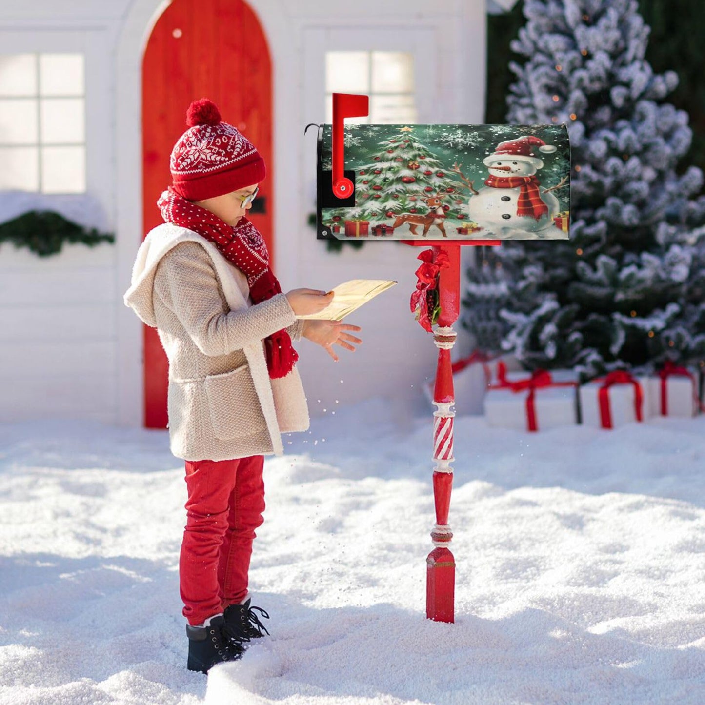 Kcldeci Snowman Christmas Tree Magnetic Mailbox Wrap - Winter Xmas Post Letter Box Cover - Garden 18x21