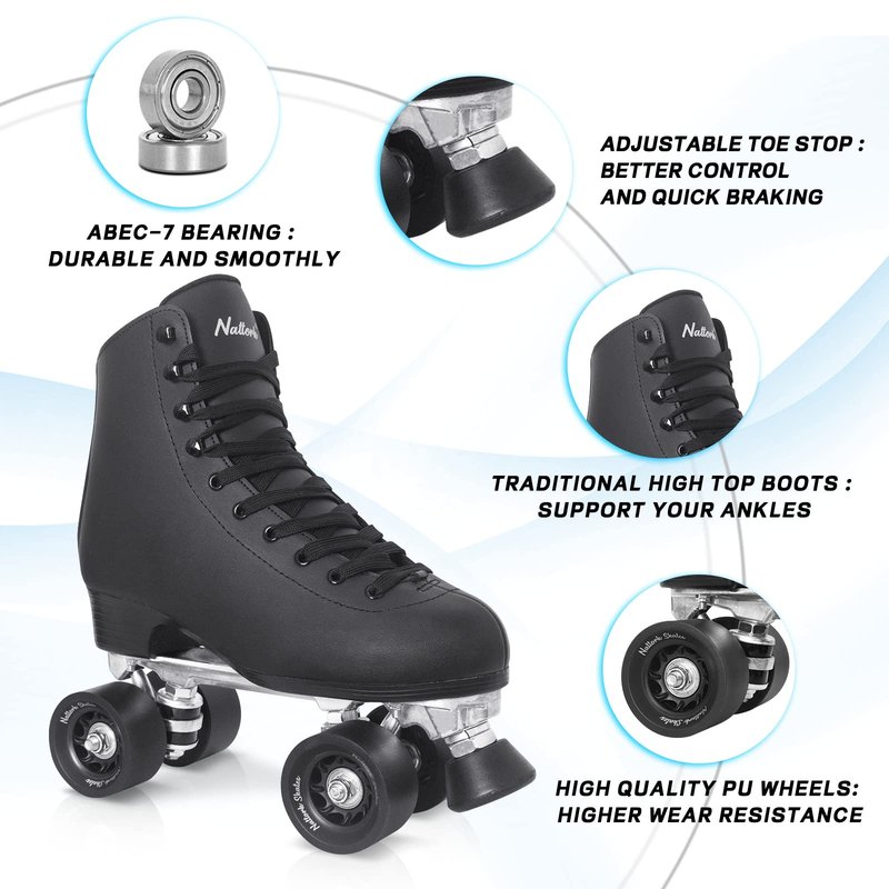 Nattork Roller Skates for Women and Girls, PU Leather High-top Quad Skates for Beginner, Indoor Outdoor Double-Row Skates for Adults - Black