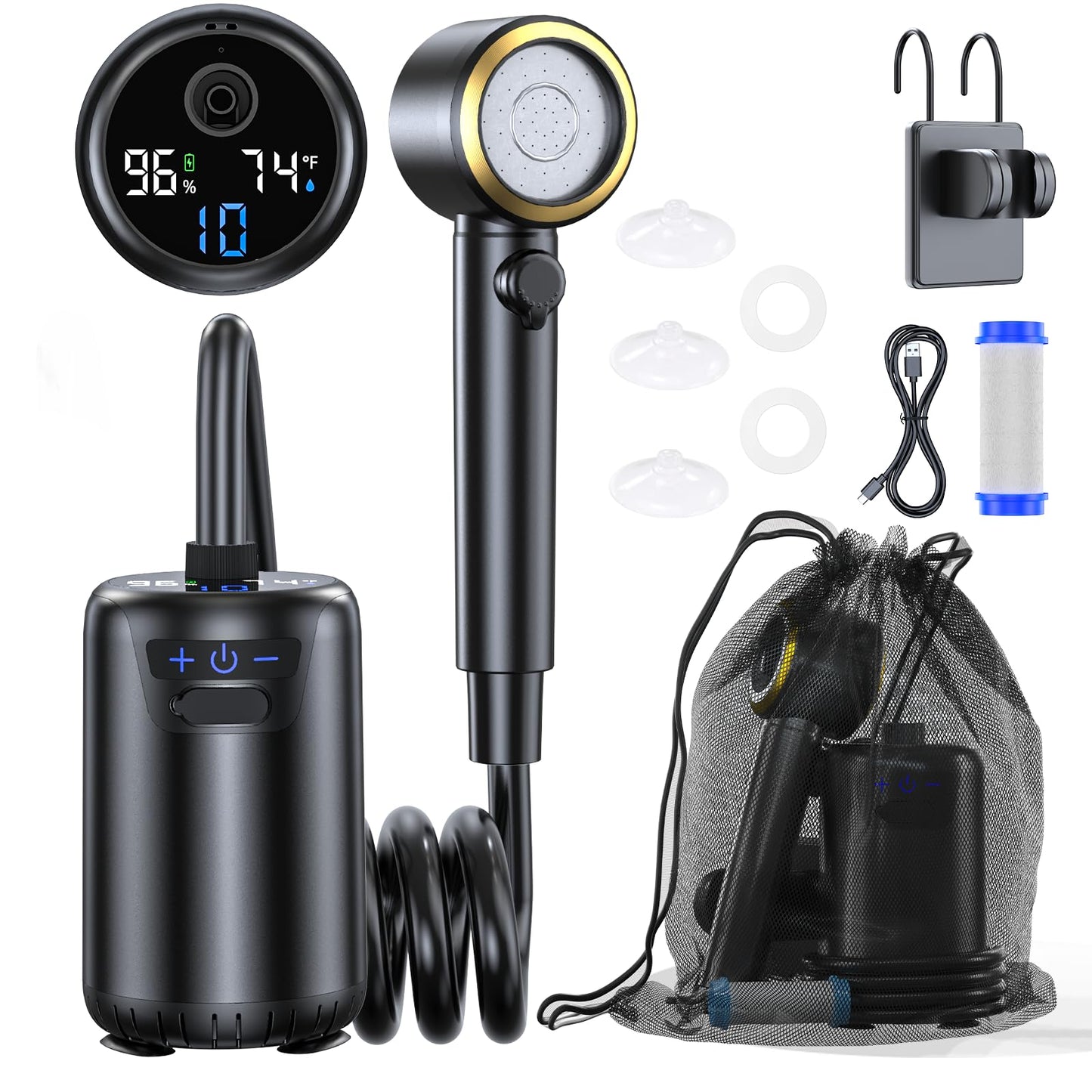 Portable Shower for Camping,8000mAh Rechargeable 160~220 Minutes Long-Runtime Camping Shower Pump with 10 Spray Modes,Fahrenheit Display, IPX8 Waterproof Outdoor Camp Pump for Hiking, Travel, Car, Pet