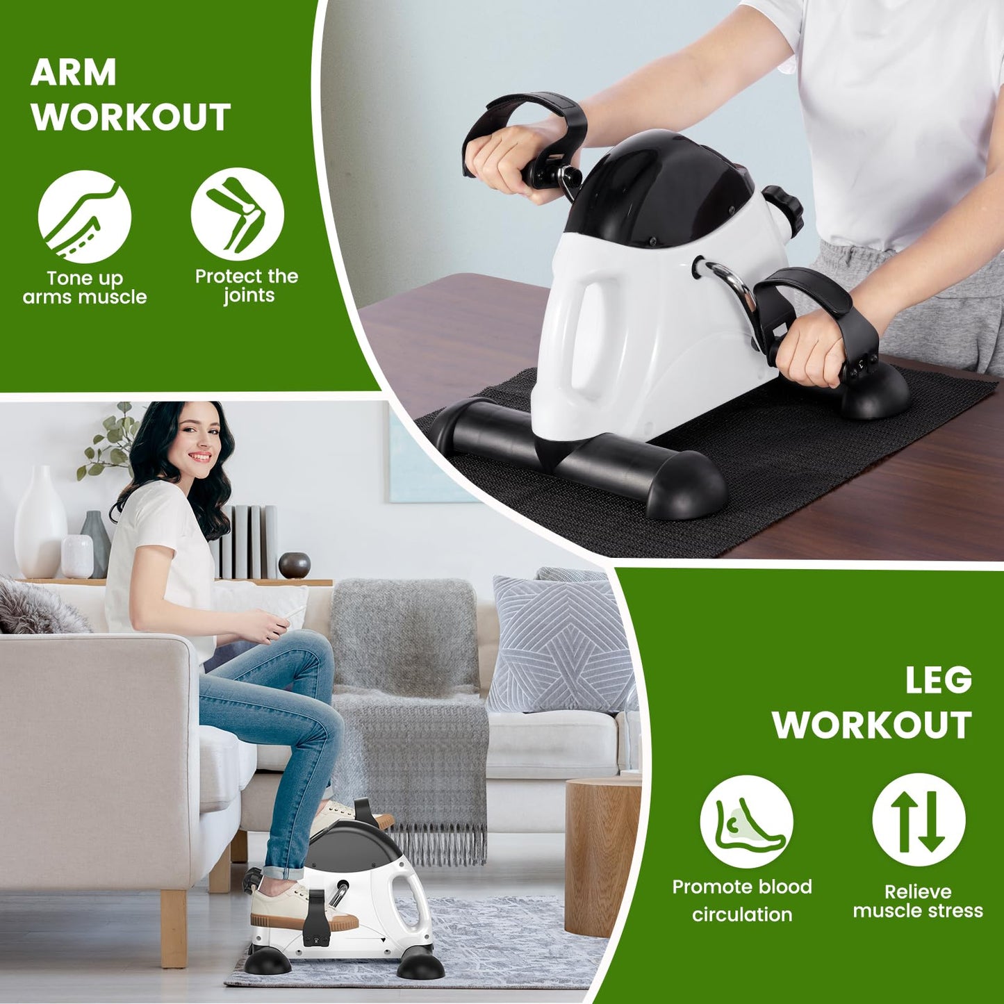 Sportneer Under Desk Bike Pedal Exerciser: Sportneer Mini Exercise Bike Portable Peddler Sitting for Seniors with LCD Display Arm & Leg Bike Pedals Exerciser with Anti-Skid Mat for Home Office (White)