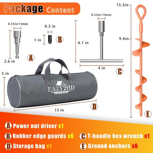 Eazy2hD 6 Pack Tent Stakes Heavy Duty, 15 Inch Ground Anchors Screw in, Metal High Winds Trampoline Stake with Nut and Tool, Spiral Anchor Kit for Camping, Shed, Swing Set, Canopy, Car Ports