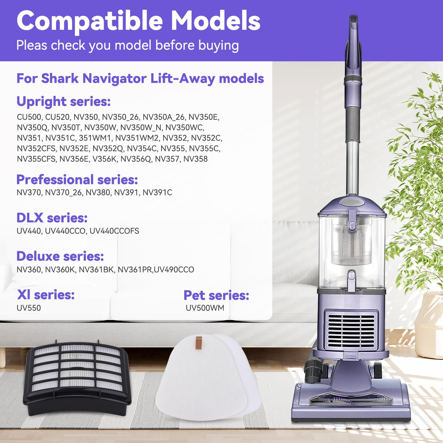 Vacuum Filters Replacement for Shark Navigator Lift-Away Vacuum NV350,NV351,NV352,NV355,NV360,NV370, UV440,UV490,UV540 vacuum,1 HEPA Filter, 2 Foam & 2 Faux Felt Filters - Replacement XFF350 XHF350