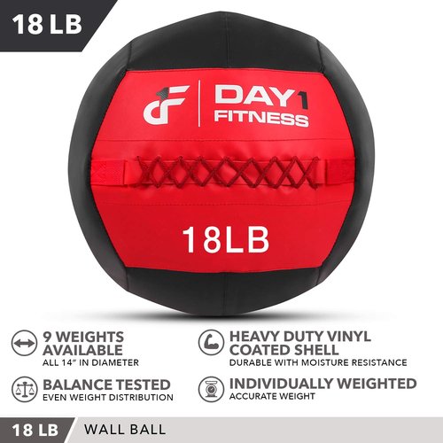 Day 1 Fitness Soft Wall Medicine Ball 18 Pounds RED/BLACK - for Exercise, Rehab, Core Strength, Large Durable Balls for Floor Exercises, Stretching