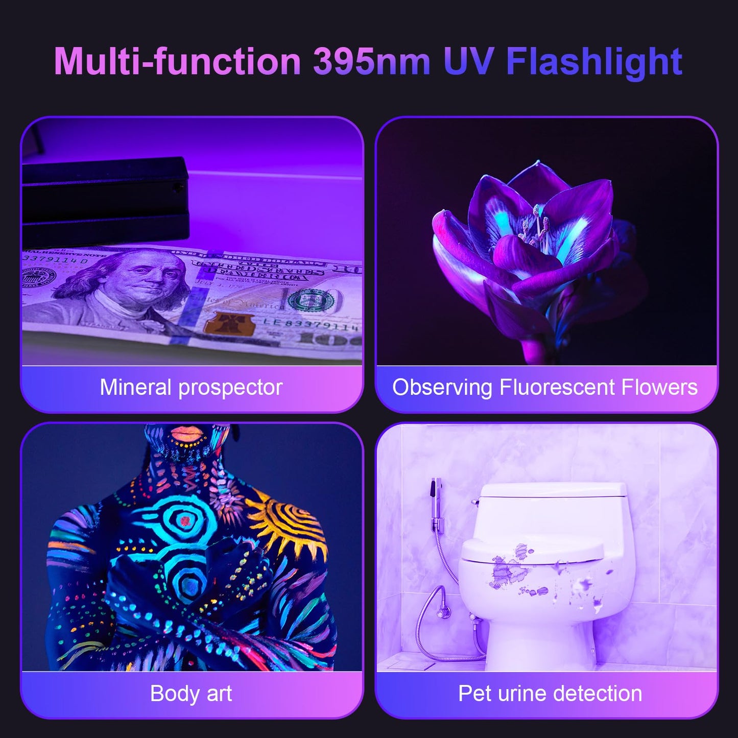 COSOOS 2 Pack UV Flashlight, 365nm USB Rechargeable Black Light Flashlight, Mini Handheld Detector for Dog Cat Urine, Pet Stains, Scorpions, Resin Curing