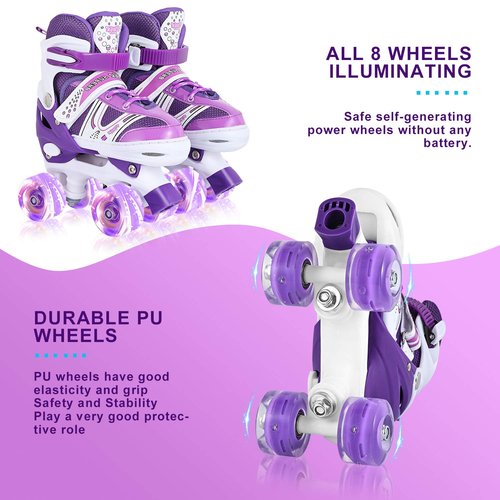 Kids Roller Skates for Girls, Adjustable Size Double Roller Skates, with All Wheels Light up, Fun Illuminating Rollerskates for Beginners, Medium（2-5）, Purple