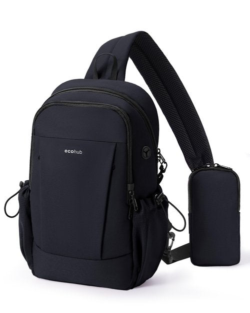 ECOHUB Anti-Theft Crossbody Bag Men Women, RFID Blocking Lightweight Sling Backpack Eco-Friendly with 9 Pockets Sturdy SBS Zippers Water Resistant for Travel Work Hiking Outdoor, Black