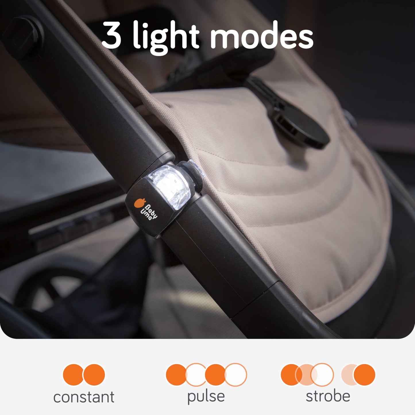 Baby Uma LED Stroller Lights (4-Pack) - Universal with 3 Light Modes (Constant/Pulse/Strobe), Buggy & Bike Lights Front and Back (2 White Headlights & 2 Red Taillights), Clip-On Bike Light