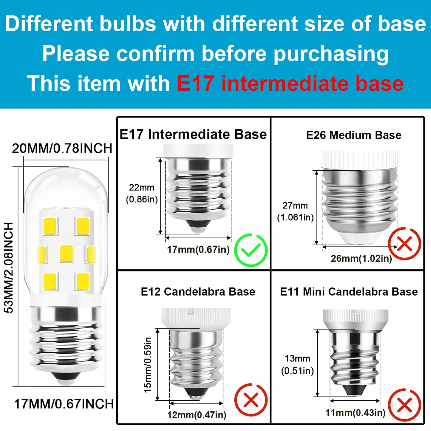 E17 LED Bulb Dimmable,30W-40W Incandescent Equivalent,Natural White 4000K,Fit for LG Whirlpool Frigidaire Kenmore GE Over The Range Microwave,125V 3W 360Lumens,Repalces 6912W1Z004B,8206232A,2Pcs