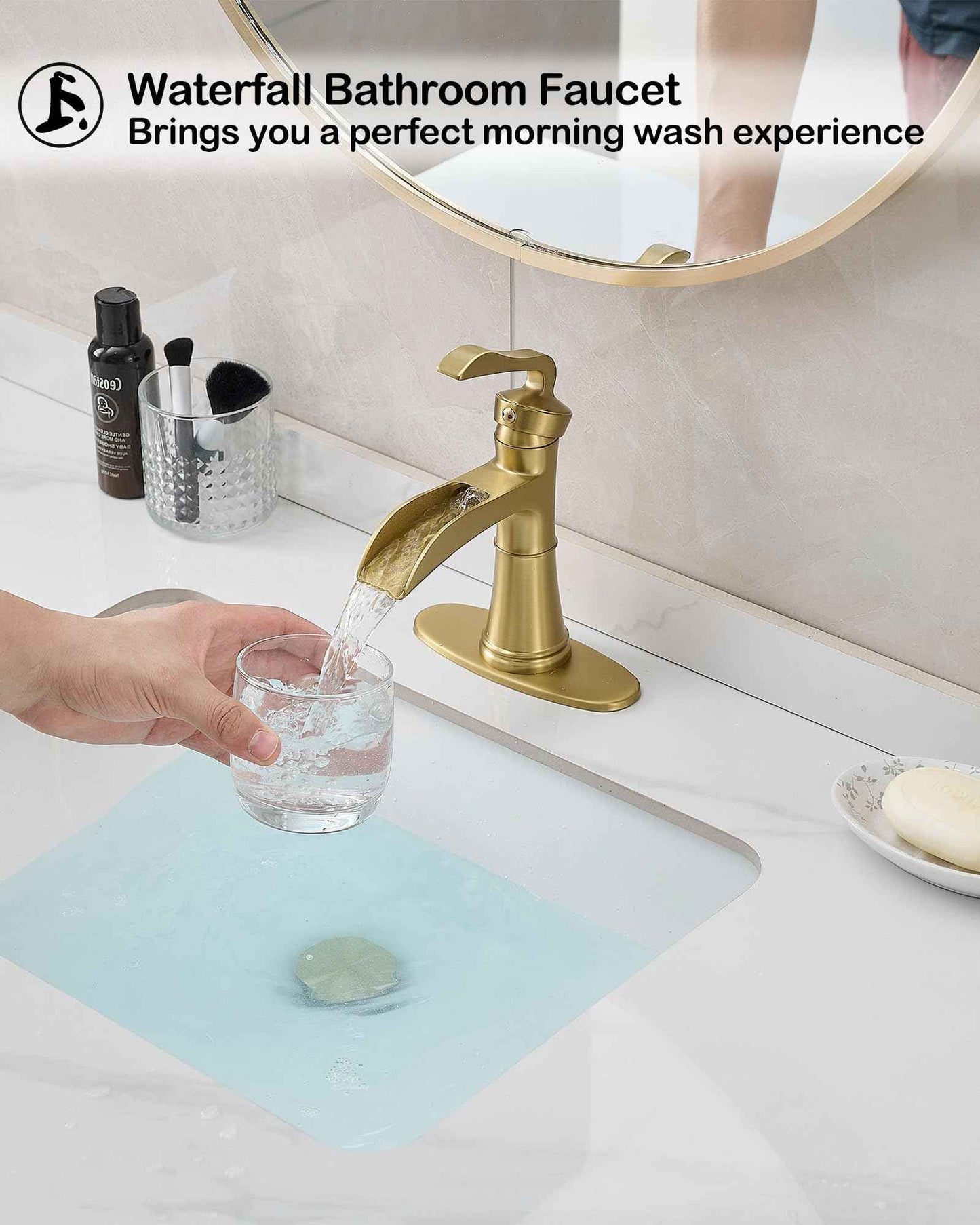 HEYMYTAP Brushed Gold Faucets for Bathroom Vanity Faucet 1 Hole, Brass 4 Inch Waterfall Bathroom Sink Faucet 3 Hole, Single Handle Bathroom Faucet with Deck Plate, Pop-up Drain and Supply Hoses