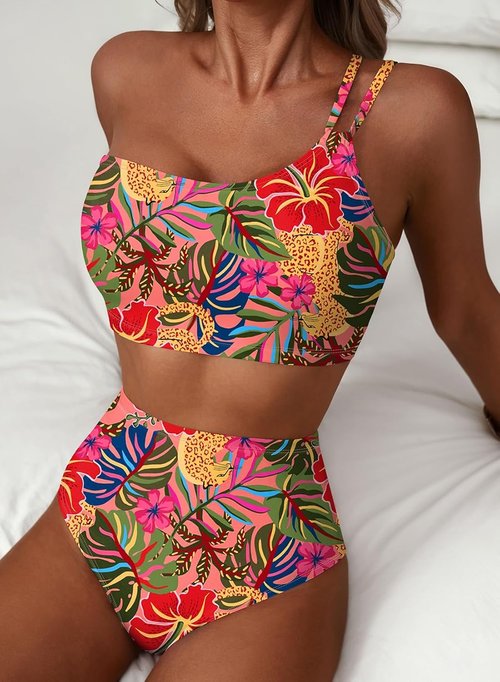 Herseas Women's High Waisted Bikini Set - One Shoulder Floral Print | Tummy Control 2 Piece Swimsuit