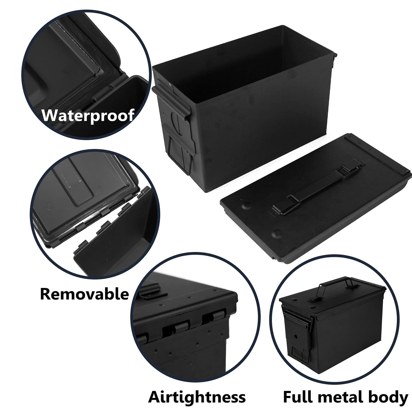 Metal Ammo Can 50 Cal, Waterproof Airtight Ammo Containers Case, Black