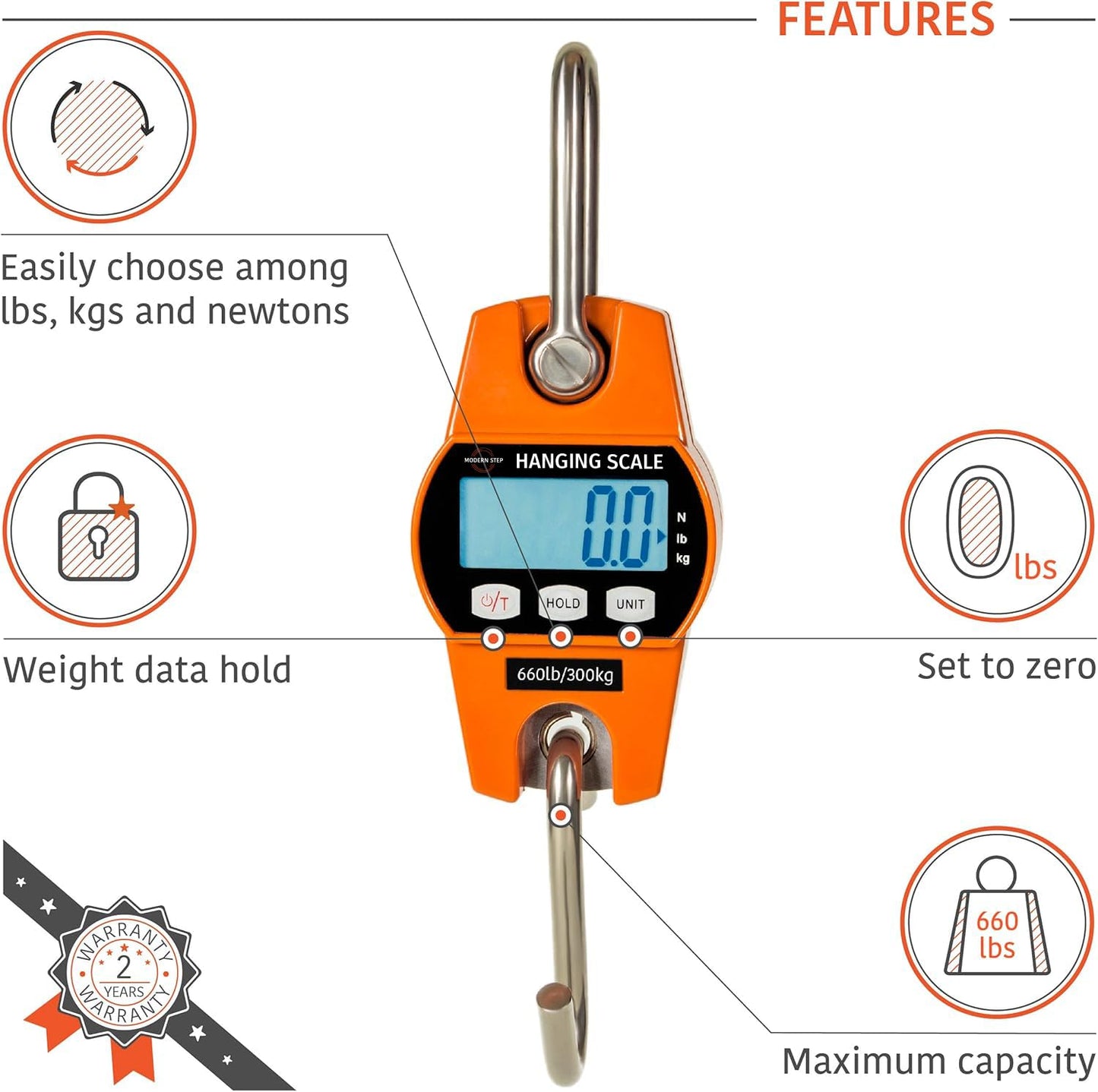 Skiennix Digital Hanging Scale - 660 LB Heavy Duty Waterproof Fish Scale | Portable Crane Scale for Luggage & Hunting