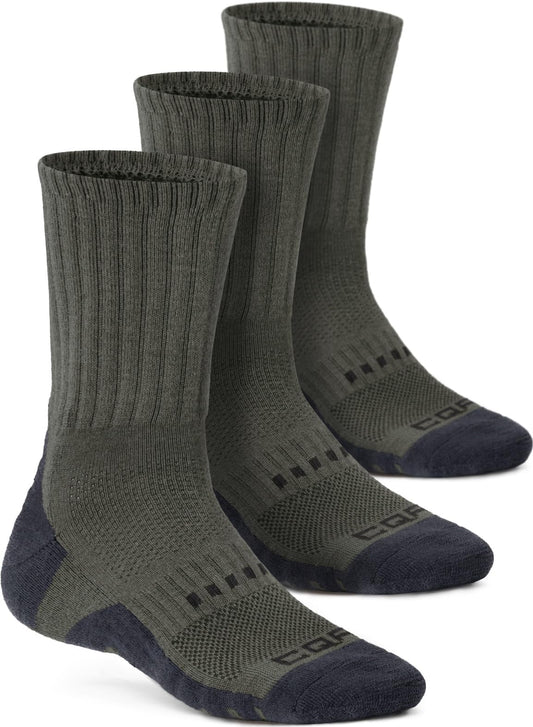 CQR 3 Pack Men and Women Wool Hiking Mid Calf Crew Socks, Moisture Wicking Breathable Outdoor Tactical Cushion boot Socks, Tac 8.5in Soil Green, Medium